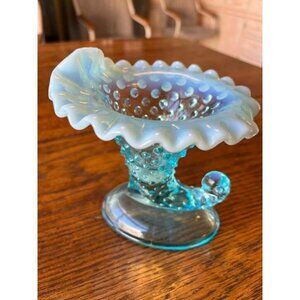 Vintage  Fenton Opalescent Blue Hobnail Art Glass Cornucopia  Candlestick Holder